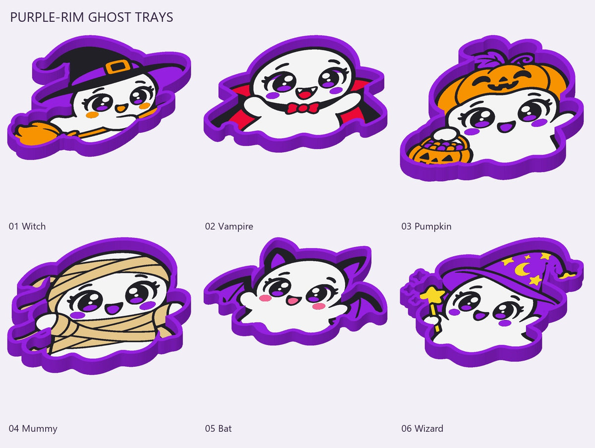 Six purple-rim Halloween ghost trinket tray designs: witch, vampire, pumpkin, mummy, bat, and wizard
